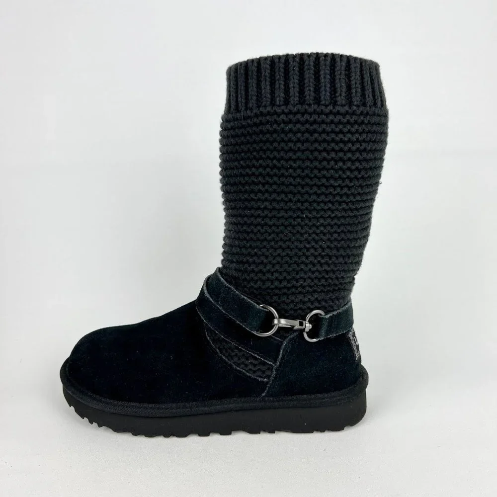 UGG Womens Purl Strap Boot 1098080 Black Suede Knit Cuff Wool Lined size 6